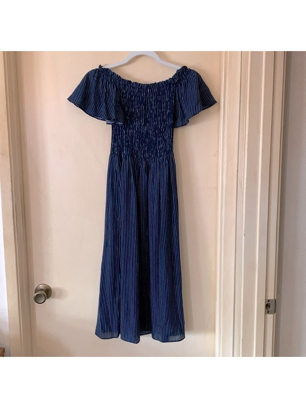 Zara Striped Off The Shoulder Navy Blue Dress Size Xs